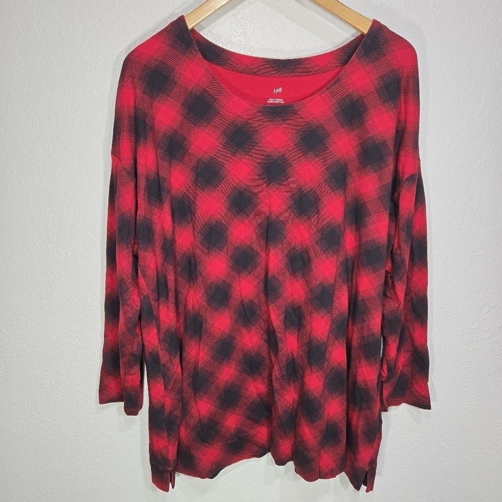 J. Jill 2X Simply Supima Cotton Red Black Plaid Scoop-Neck Tunic Shirt - Picture 1 of 4